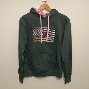 Women’s Mossy Oak Gray Hoodie with Pink Camo Flag, Size Small patriotic USA